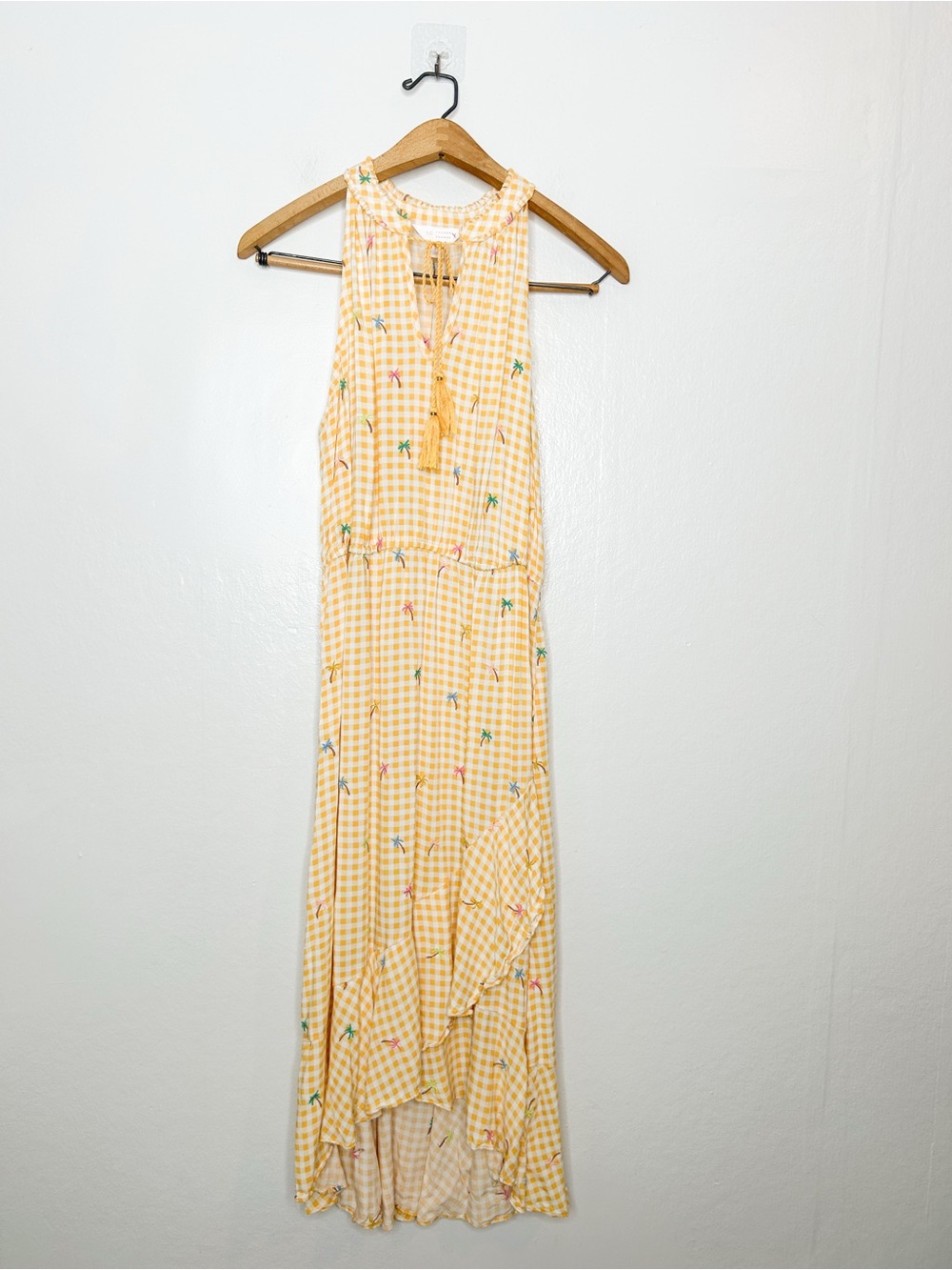 LC Lauren Conrad Butter Yellow Gingham Plaid Palm Tree Print Tiered Midi Dress
